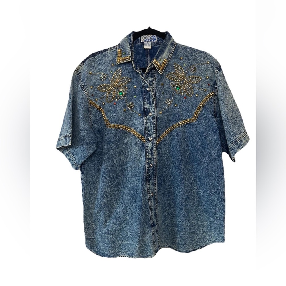 VTG 80’s Short Sleeve Acid Wash Denim Beaded & Embellished Button Up Shirt M - Picture 10 of 11